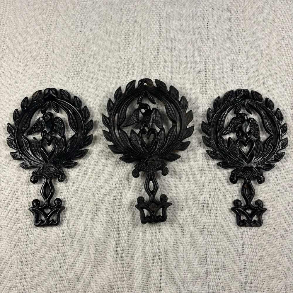 3 Vintage Cast Iron Trivets Eagle Heart Design Footed Cast Iron Decor